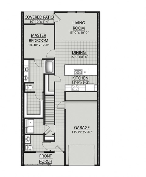 A floor plan of a house with a master bedroom, a living room, a dining area, a kitchen, a garage, and a covered patio.